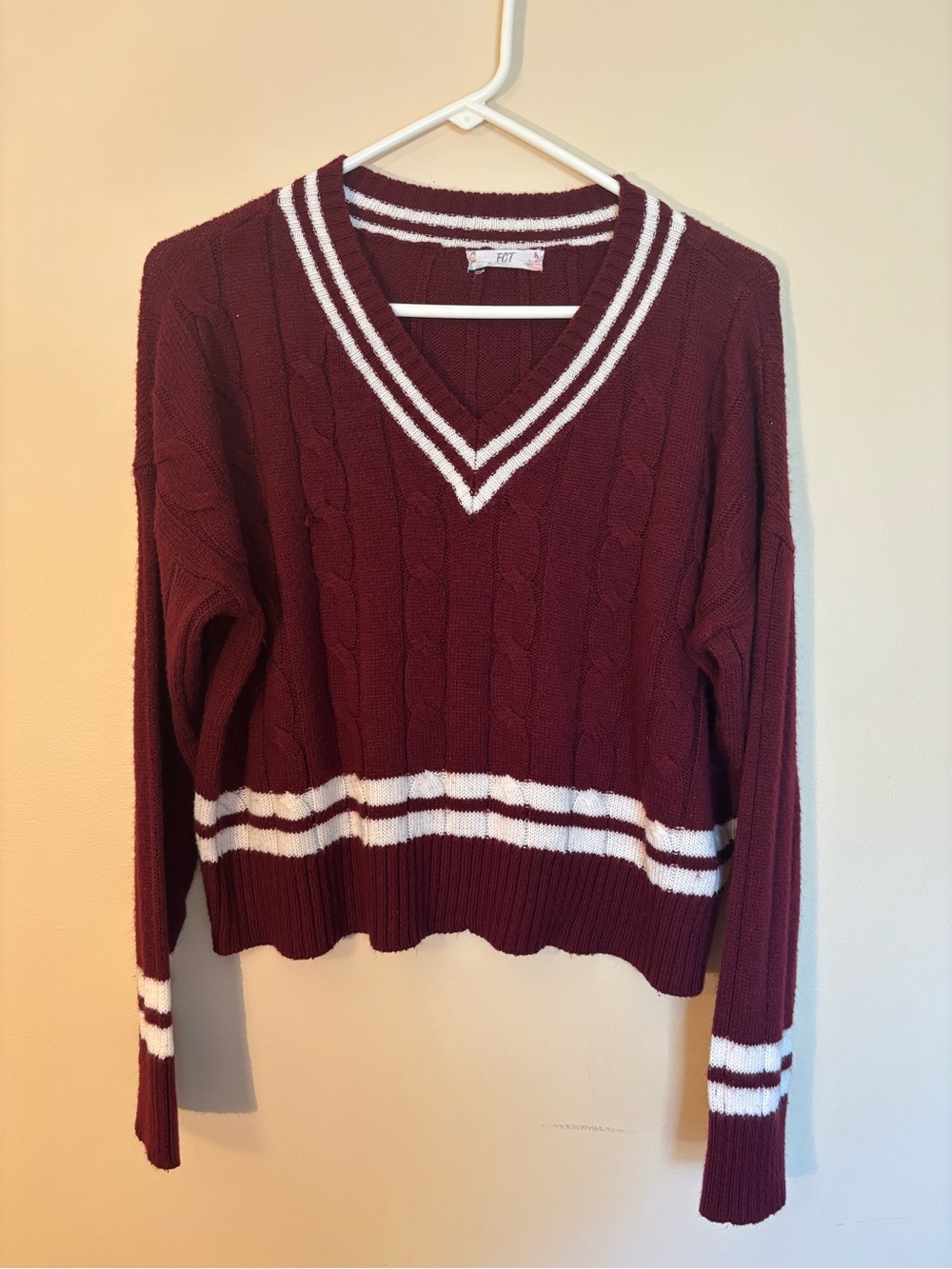 Women's V-Neck Cable Sweater in Burgundy with Contrast Stripes